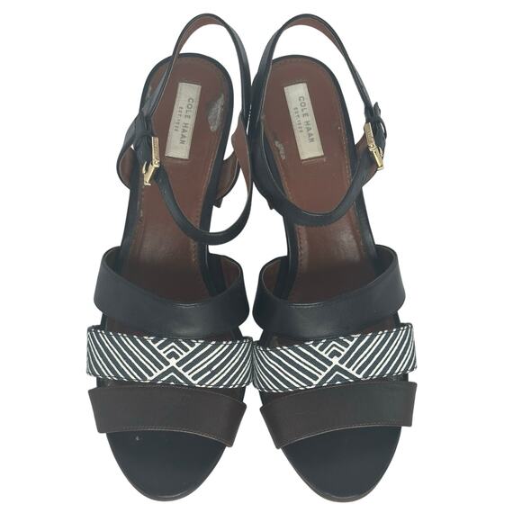 Cole Haan Block Heel Sandals Black White Stripes Size 9B Summer Vacation Resort - Picture 2 of 9